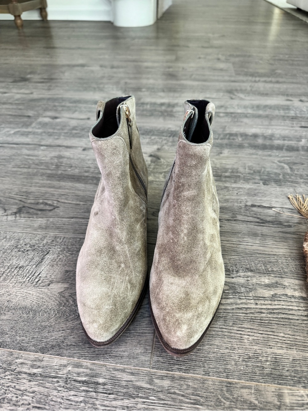 Cole Haan Taupe Suede Ankle Booties with Side Zip